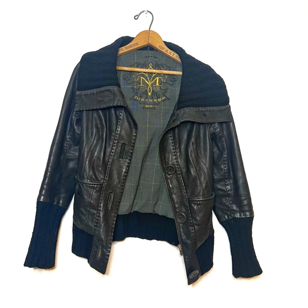 Mackage Black Leather Jacket with Knit Trim